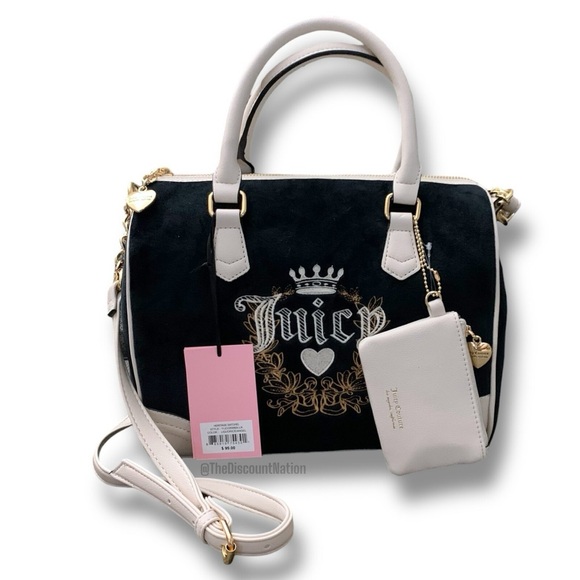 Juicy Couture Velour Heritage Satchel Purse Bag Black Liquorice/Angel NWT - Picture 2 of 13